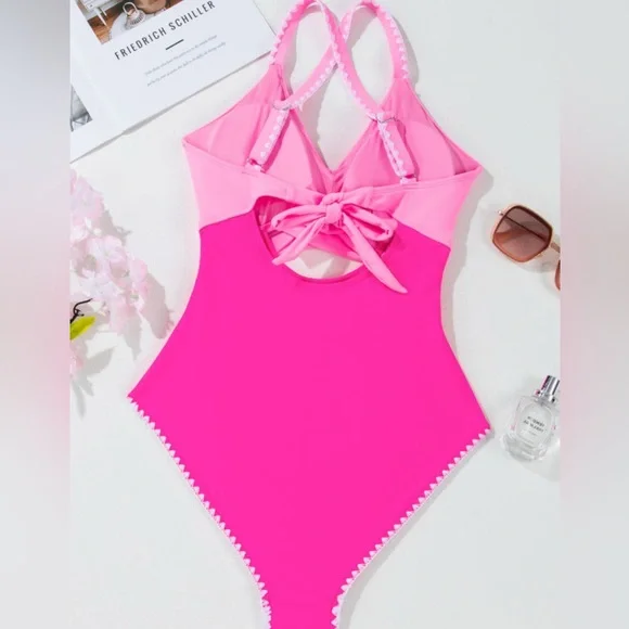 Pink Rose Red Ric Rac Trim Contrasted Cutout One Piece Swimsuit size 16 - Picture 4 of 11